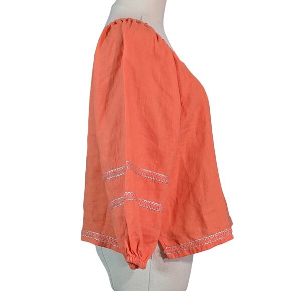 Joie Coral Linen Peasant Blouse Square Neck Silver Trim Small Boho Chic - Picture 3 of 5